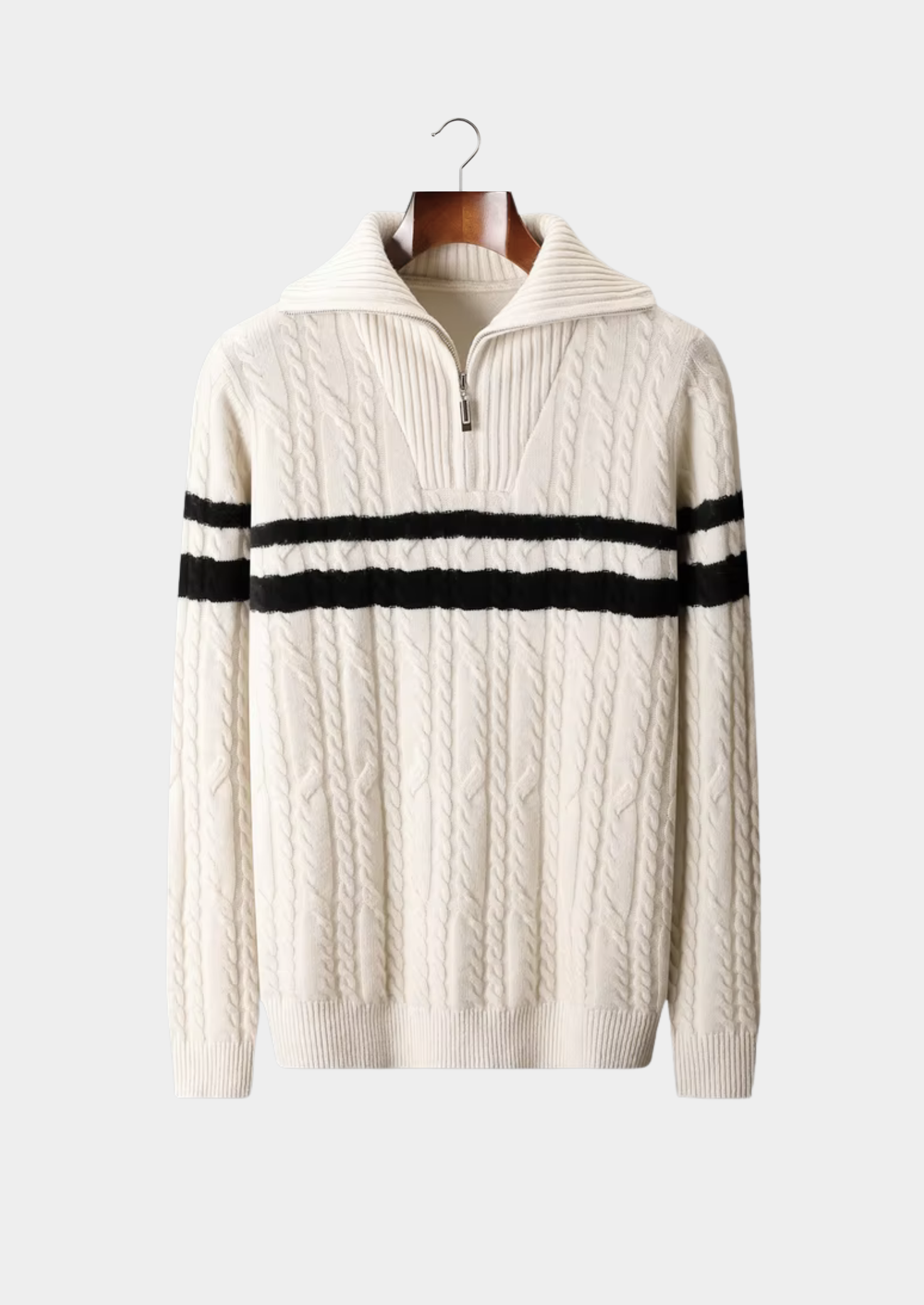 Pull-over à demi-fermeture éclair rayé en laine mérinos pure extra-fine