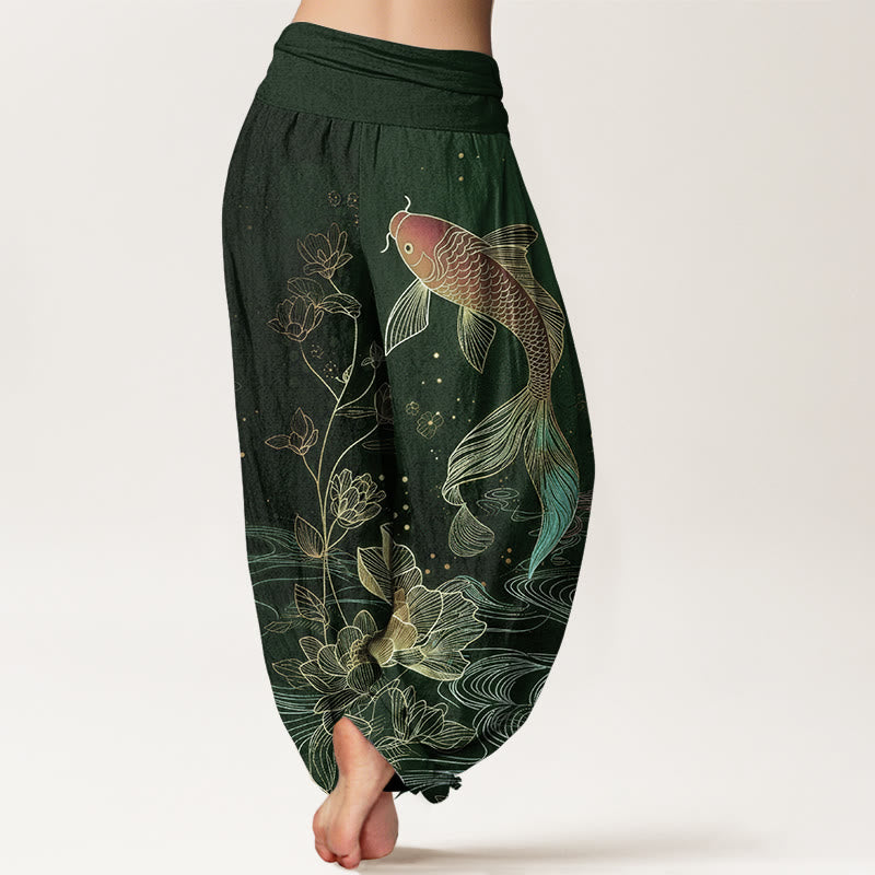 Pantalon Sarouel Femme Taille Élastique Coton Pur Design Poisson Koi Lotus Pierres Bouddha