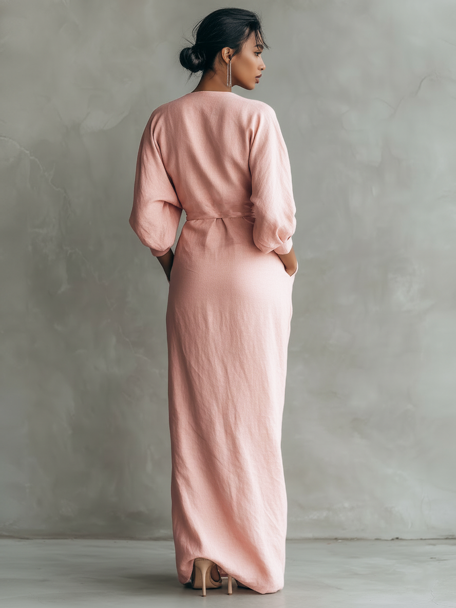 Taylor - Robe Maxi Minimaliste Rose avec Col en V, Confectionnée en Mélange de Lin pour Femmes
