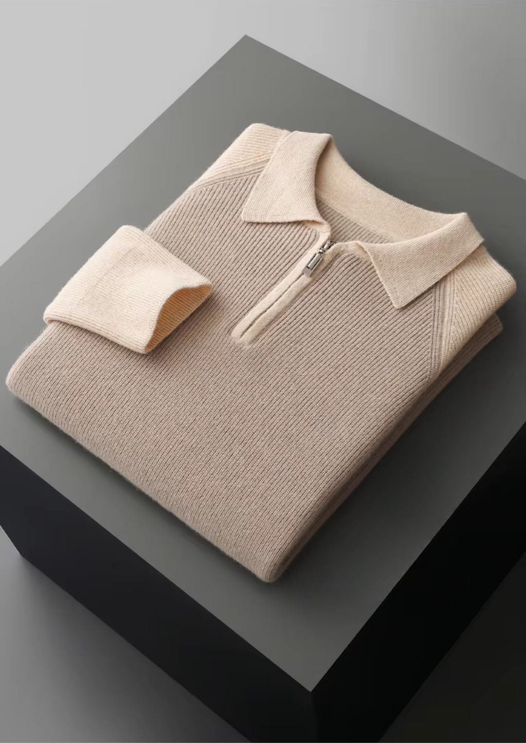 Polo pull à fermeture éclair avant en laine mérinos pure extra-fine bicolore