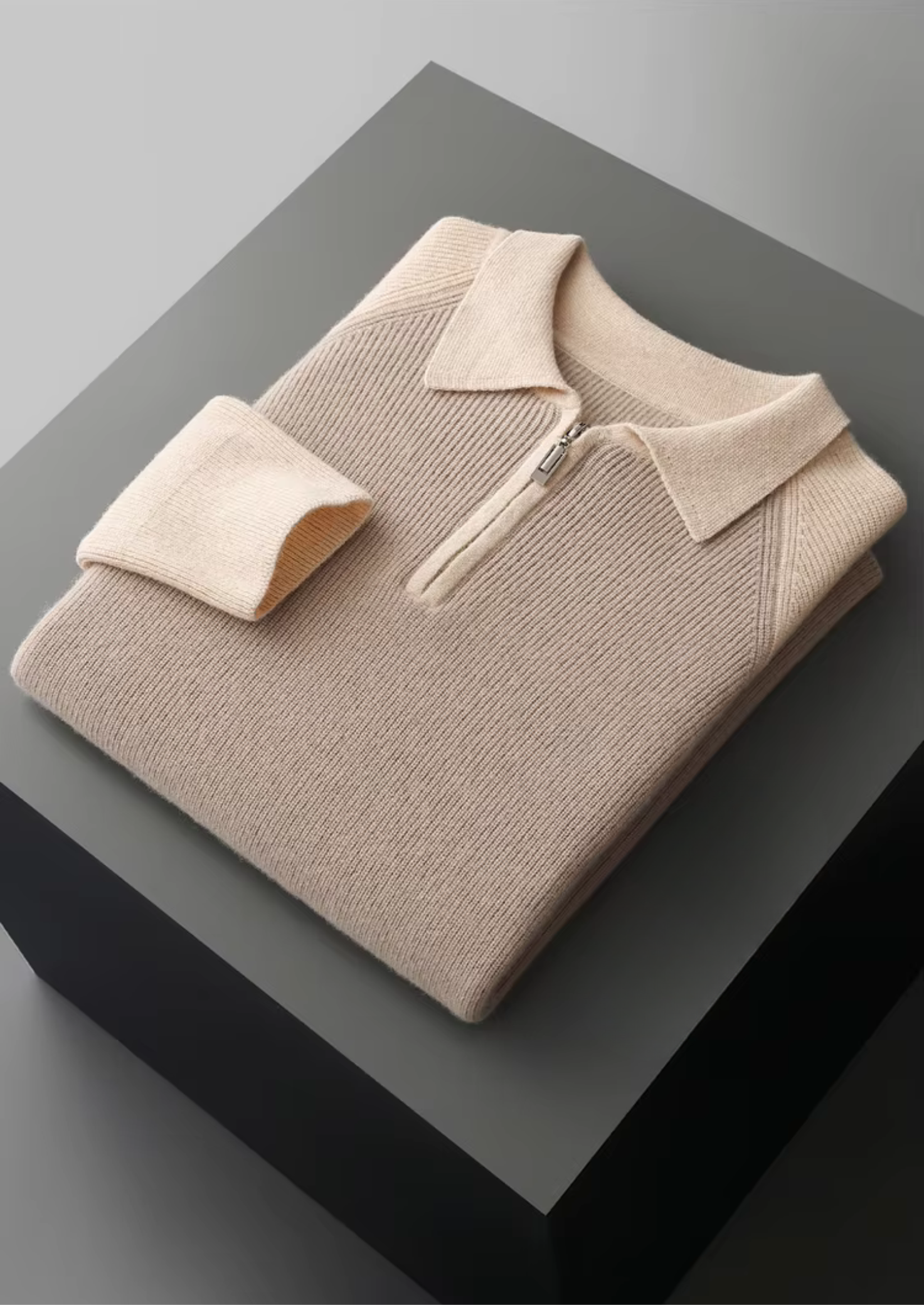 Polo pull à fermeture éclair avant en laine mérinos pure extra-fine bicolore