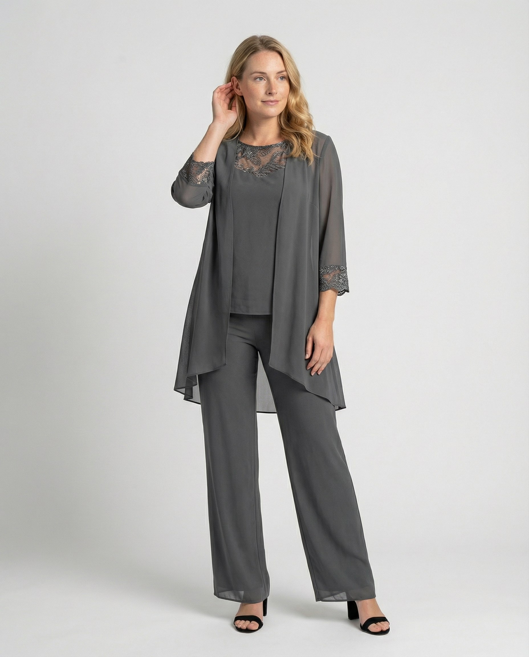 The Jolie — Lace-Trim Duster Set in Onyx