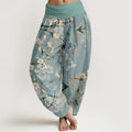 Pantalon sarouel taille élastique femme en coton pur Buddha Stones motif pêchers en fleurs et oies sauvages volantes