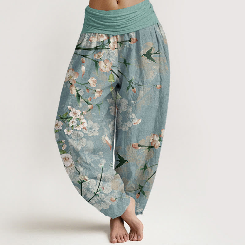 Pantalon sarouel taille élastique femme en coton pur Buddha Stones motif pêchers en fleurs et oies sauvages volantes