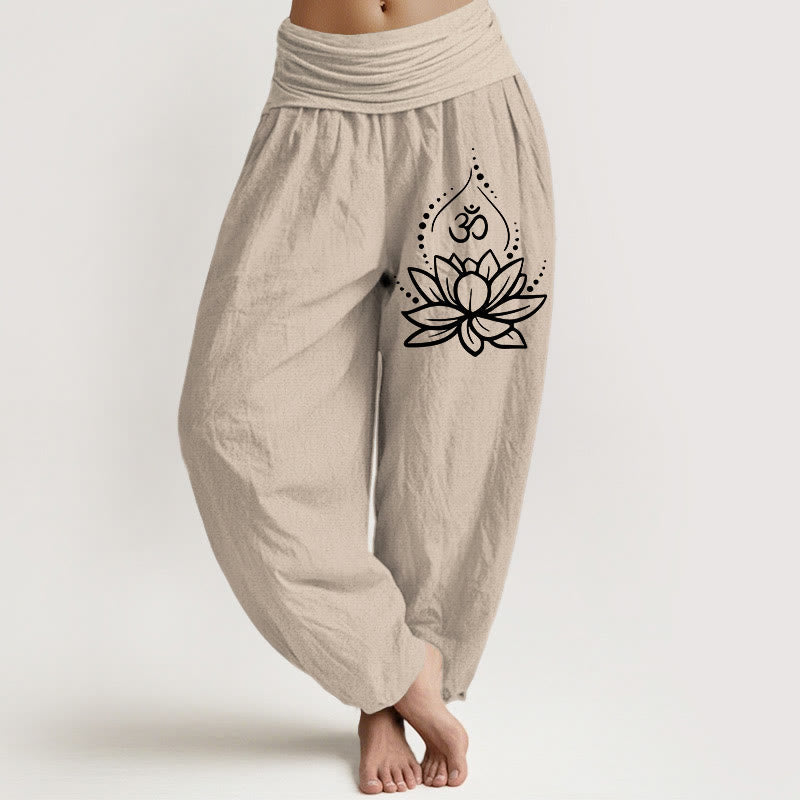 Pantalon bouffant en coton à taille élastique pour femmes Buddha Stones avec motif lotus en fleurs et symbole Om