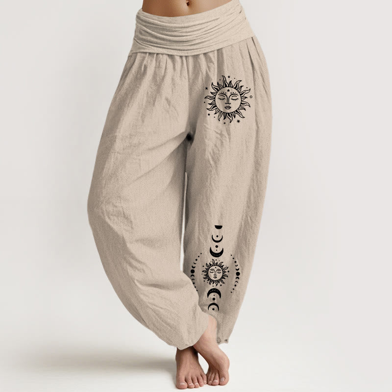 Pantalon Harem en Coton Pur pour Femme à Taille Élastique avec Motif Pierres Bouddha Soleil Lune Étoiles