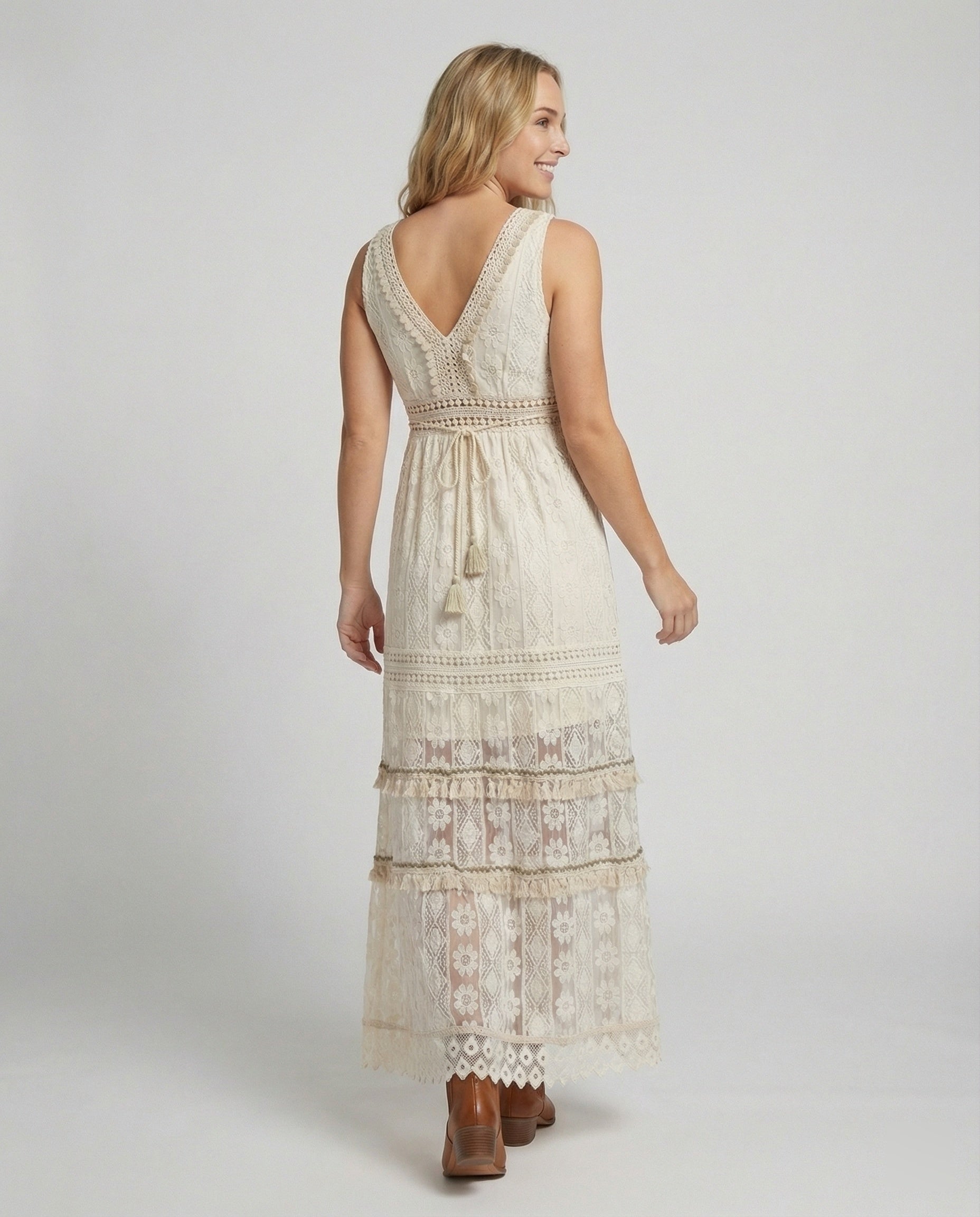 The Liora — Linen Boho Lace Maxi Dress