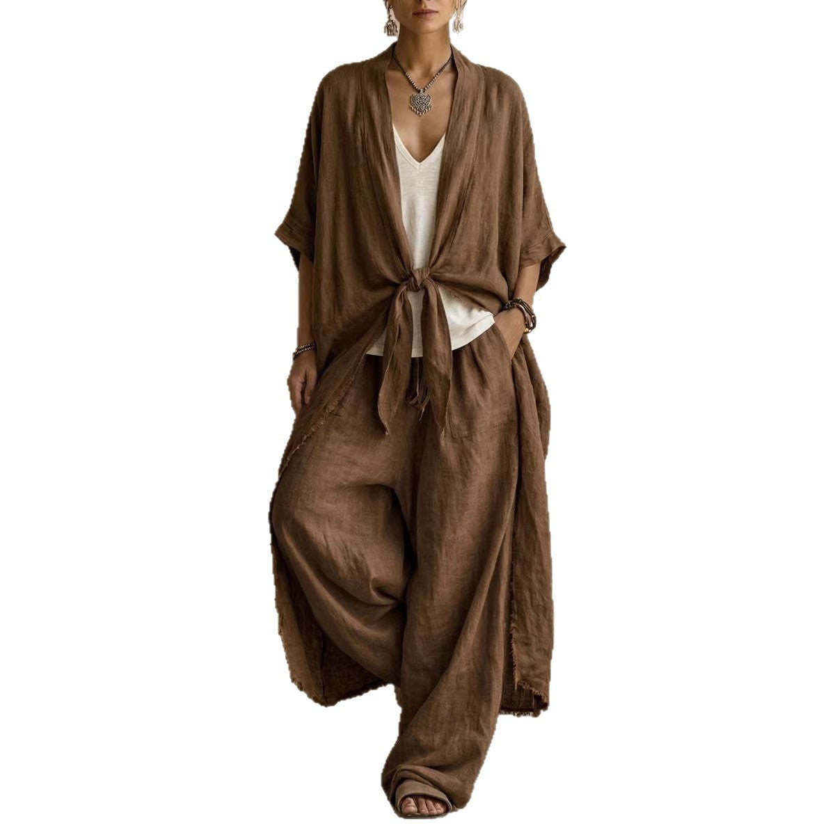 Ensemble deux pièces kimono en lin oversize et pantalon à jambes larges