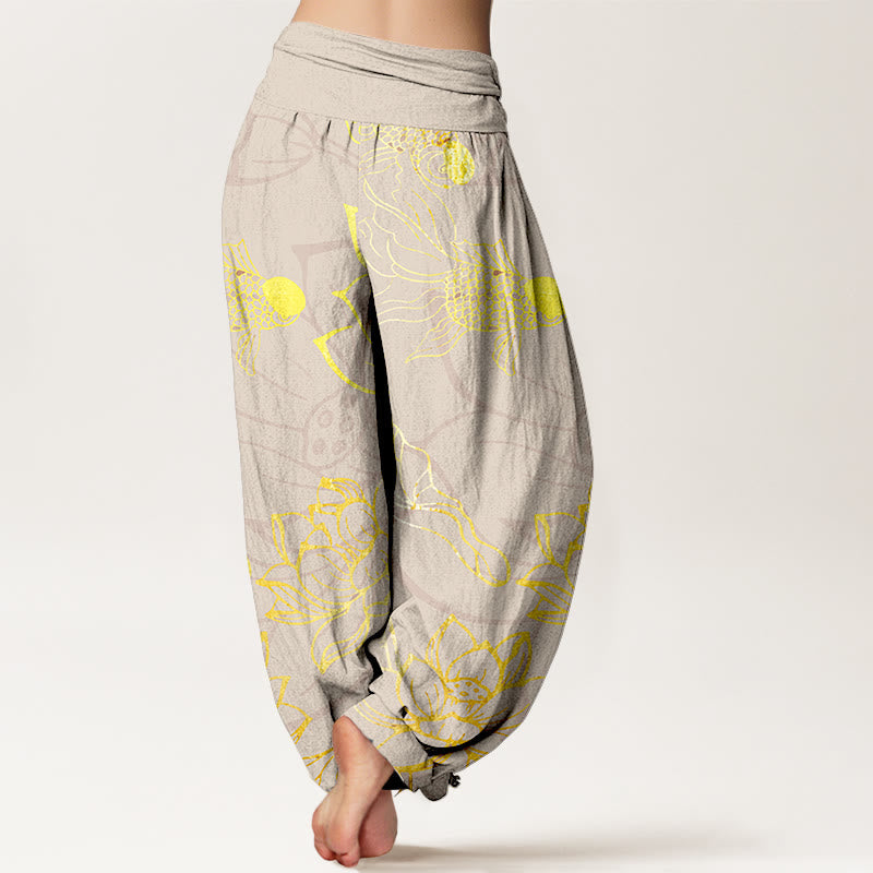 Pantalon Sarouel Femme Poissons Koi Lotus en Coton Pur Buddha Stones avec Taille Élastique