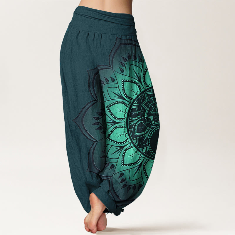 Pantalon Harem Femme Taille Élastique en Coton avec Motif Mandala Symétrique Pierre de Bouddha