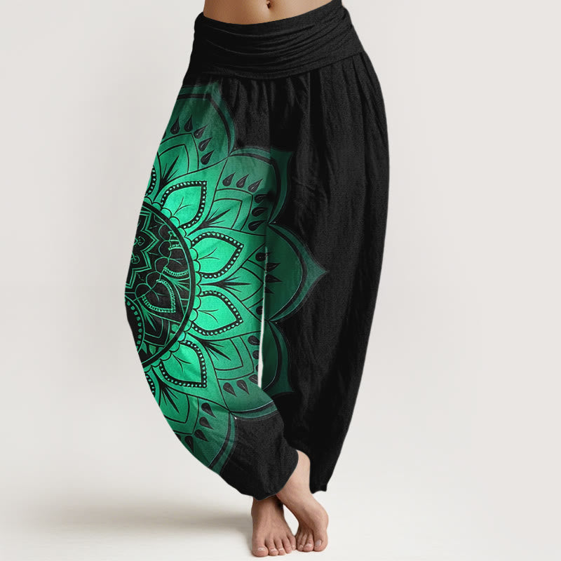 Pantalon Harem Femme Taille Élastique en Coton avec Motif Mandala Symétrique Pierre de Bouddha