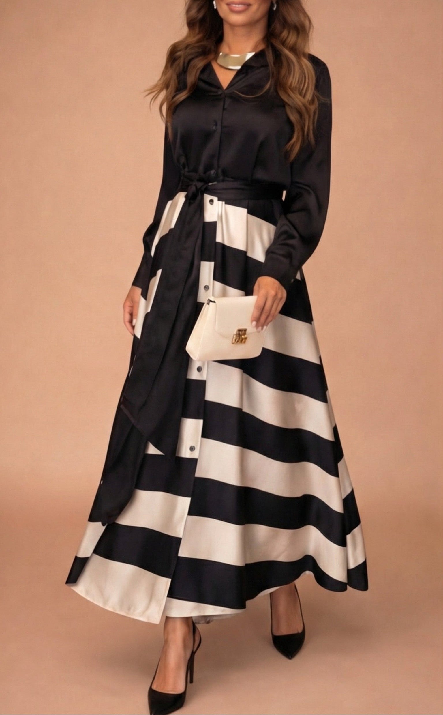 Mila™ - Robe longue rayée à bordure en dentelle