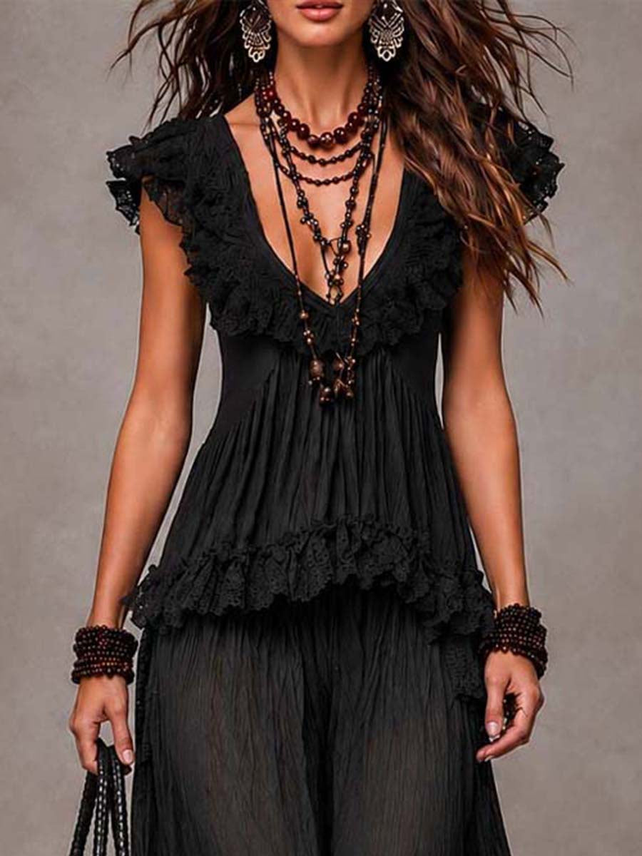 Ensemble bohémien noir à col en V