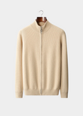 Cardigan zippé à côtes en mérinos extra-fin pure laine vierge