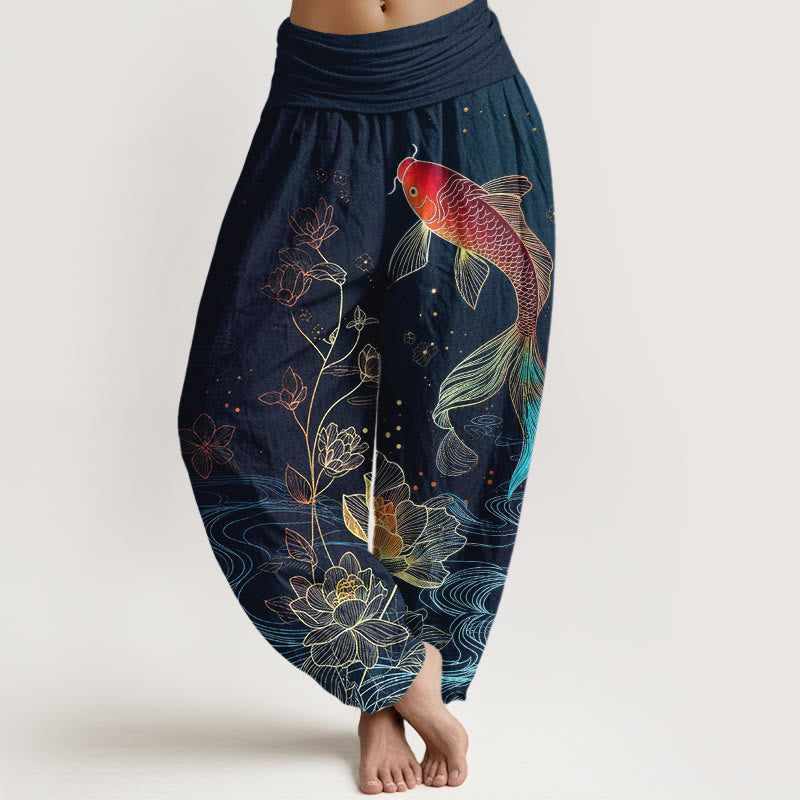 Pantalon Sarouel Femme Taille Élastique Coton Pur Design Poisson Koi Lotus Pierres Bouddha