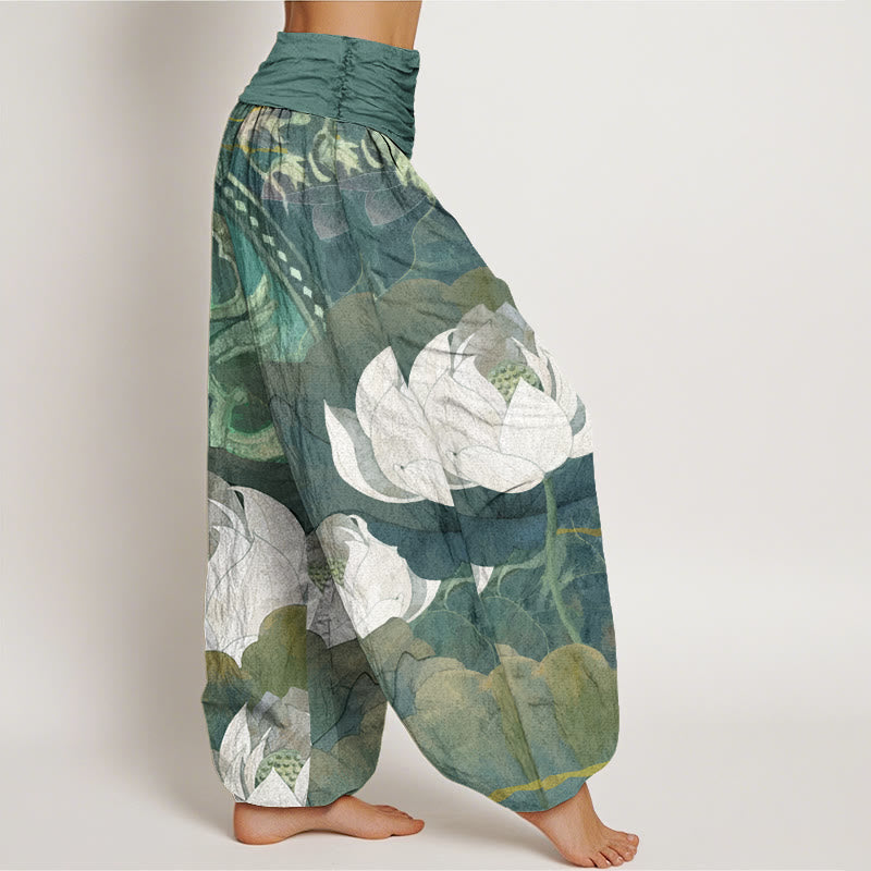 Pantalon Harem Femme Décontracté Taille Élastique en Coton Blanc Motif Feuilles de Lotus Bouddha