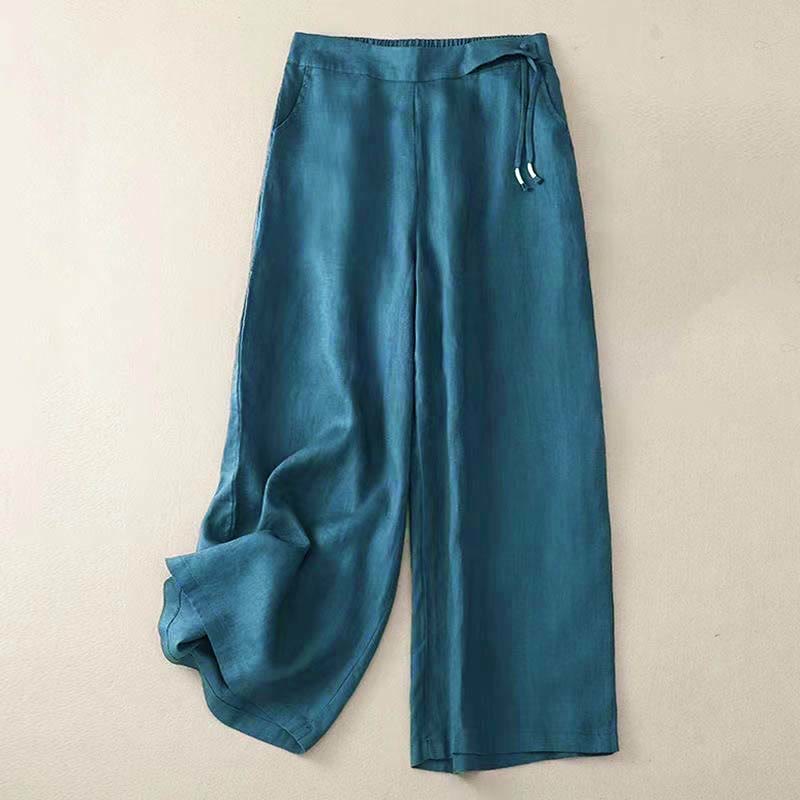 Pantalon Capri Large Femme Bouton Unique Couleur Unie Buddha Stones avec Poches