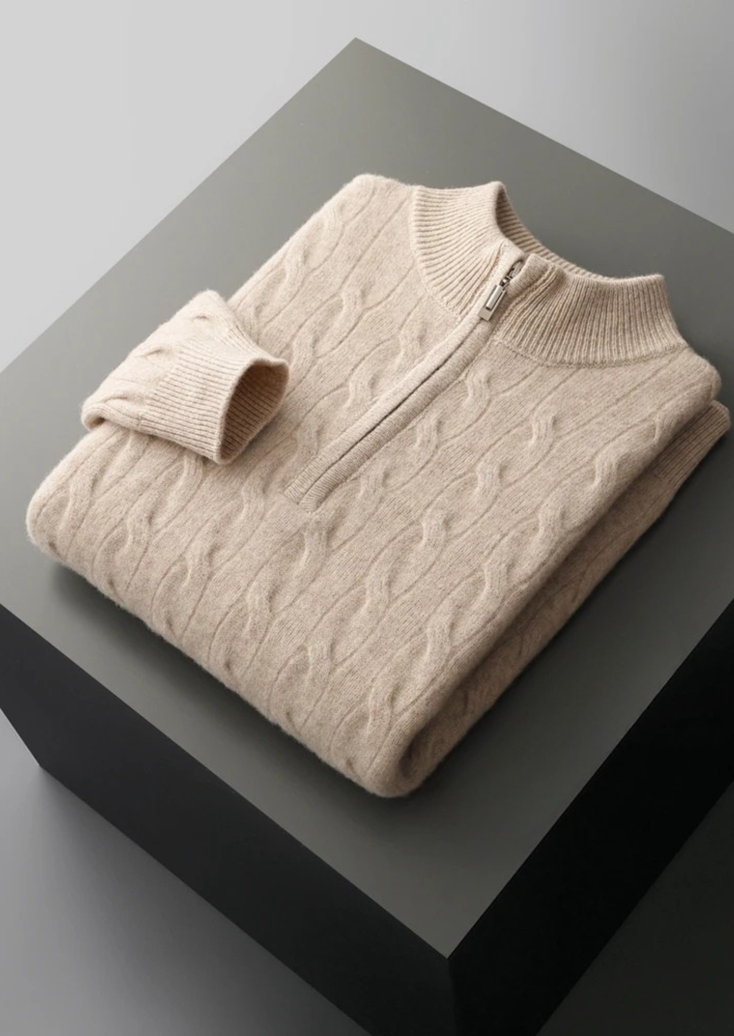 Demi-zip en laine mérinos pure extra-fine avec câble