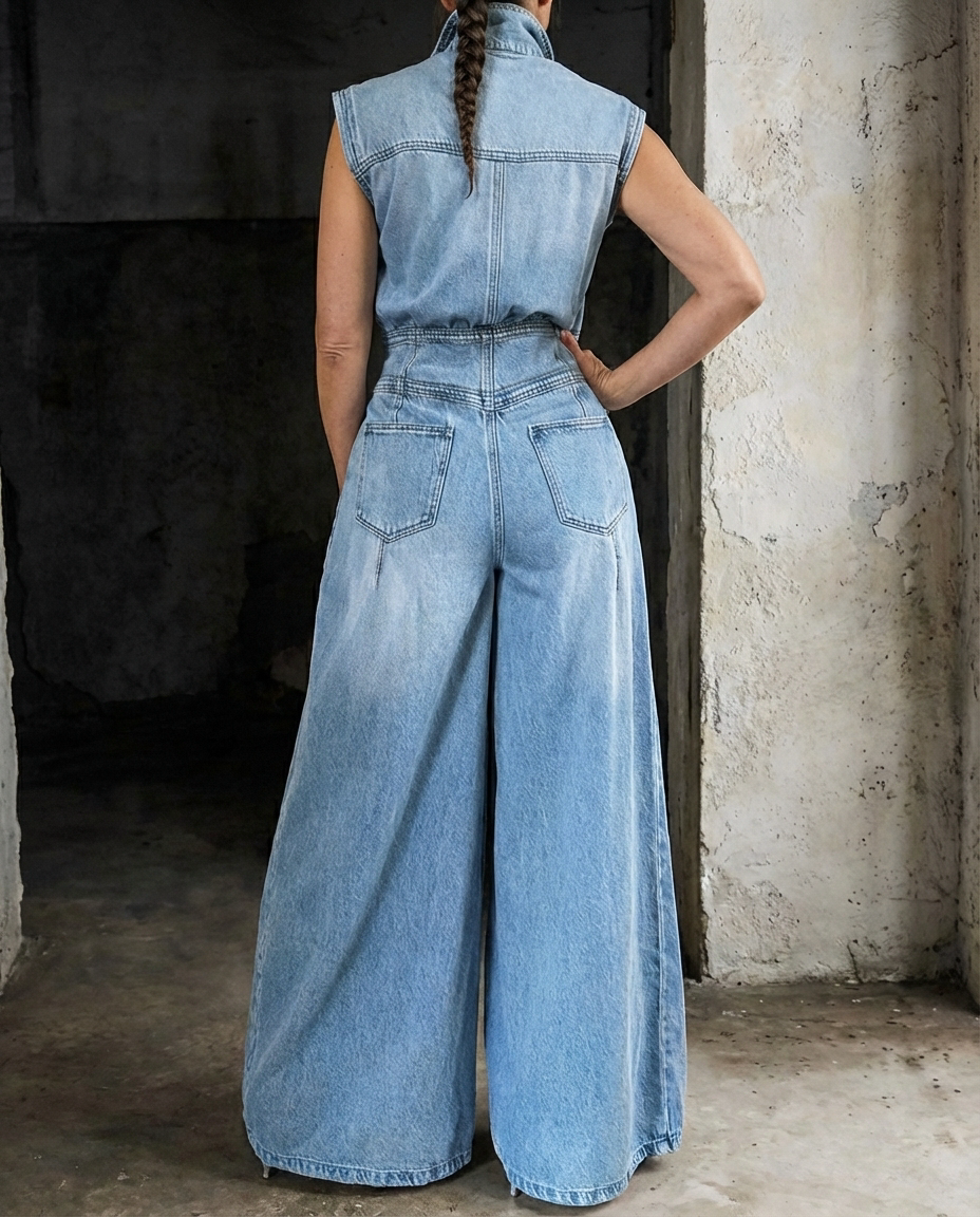 Stella | Combinaison en jean avec jambes larges et taille cintrée