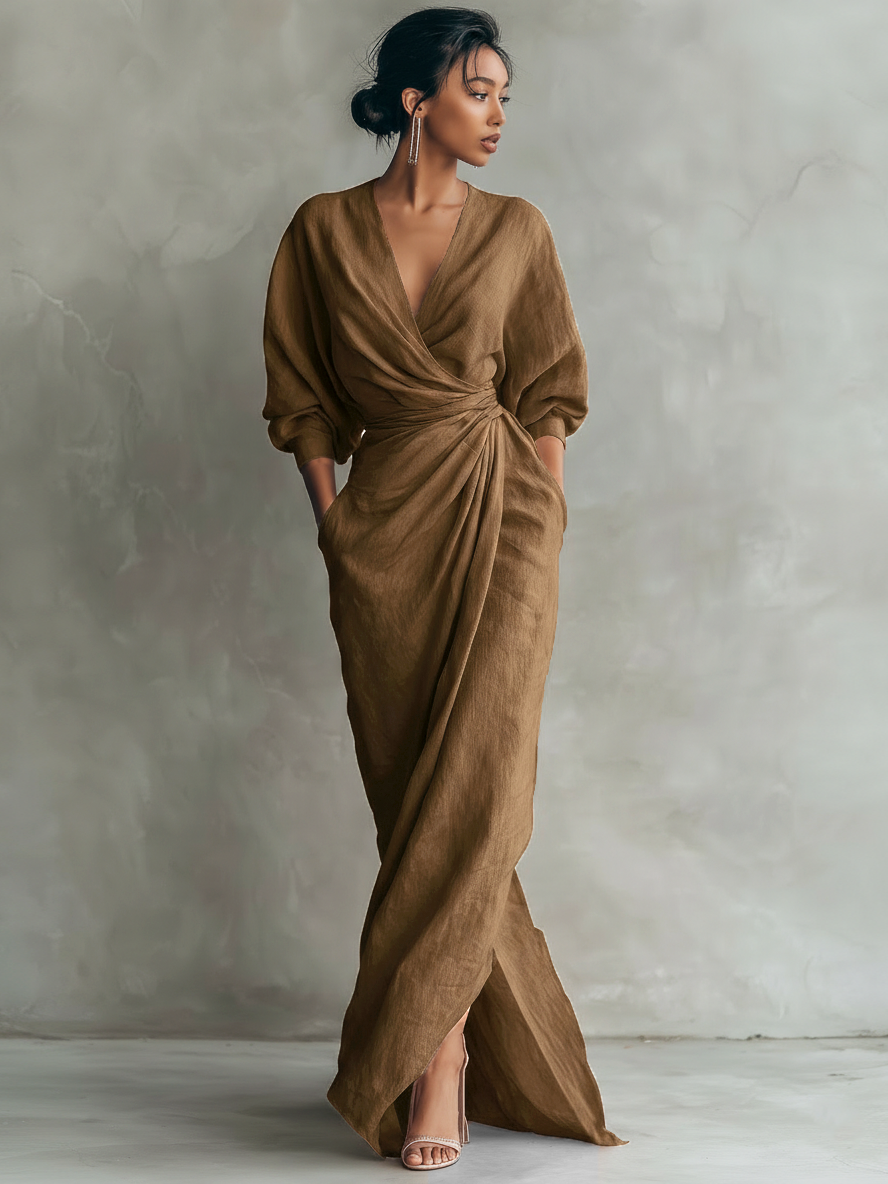 Taylor - Robe Maxi Minimaliste Rose avec Col en V, Confectionnée en Mélange de Lin pour Femmes