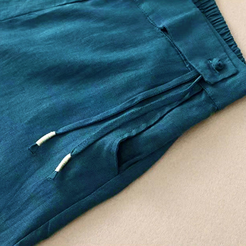 Pantalon Capri Large Femme Bouton Unique Couleur Unie Buddha Stones avec Poches