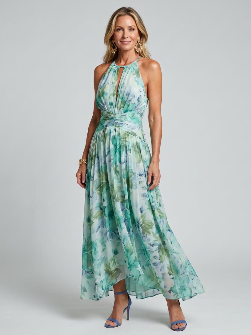 Robe Midi Portia en Crêpe Plissé avec Imprimé Floral et Col Halter