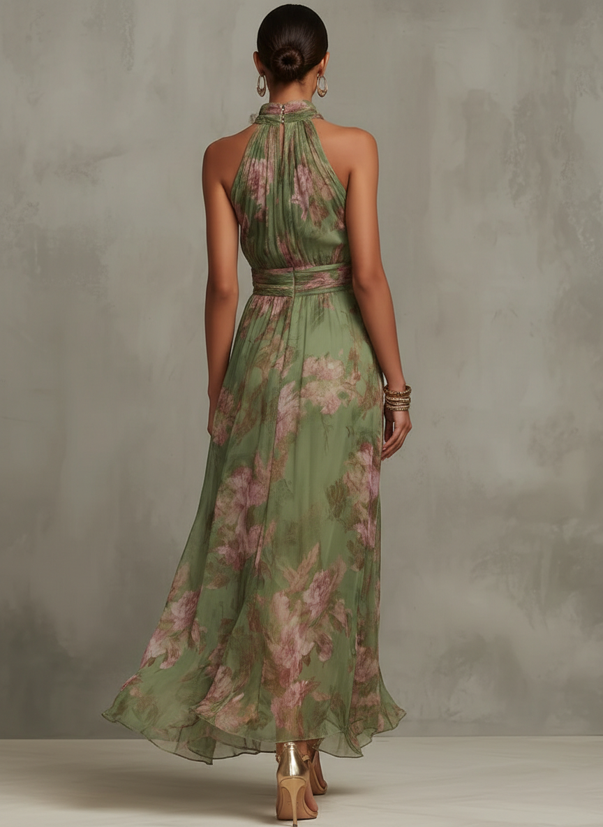 Jazina | Robe longue en mousseline verte à col halter