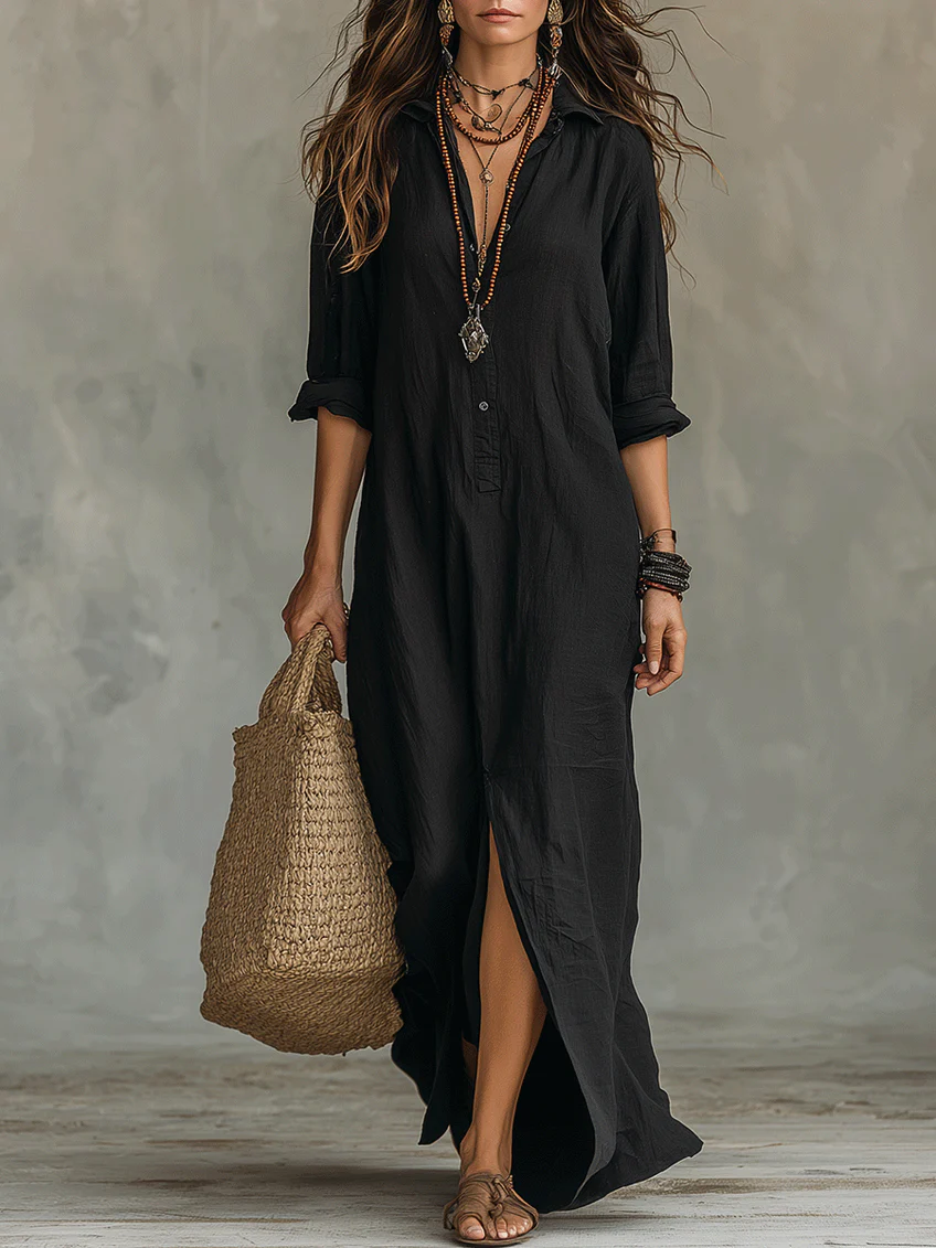 Robe Maxi Boutonnée à Col V Flottant Celine™