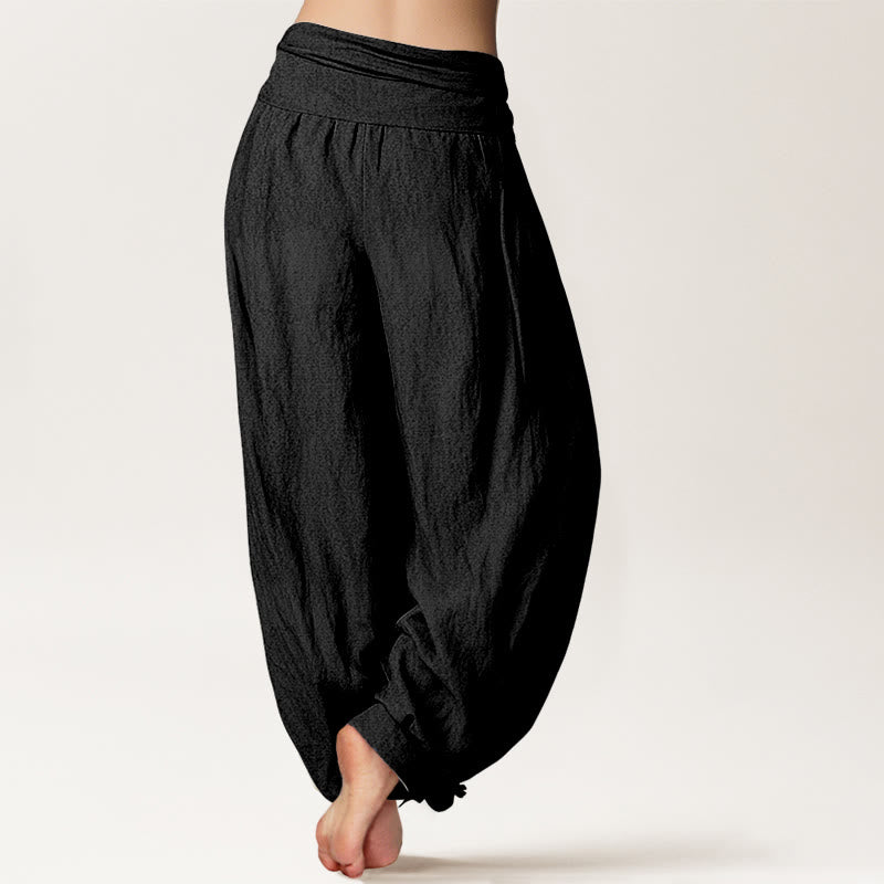 Pantalon Harem en Coton Pur pour Femme à Taille Élastique avec Motif Pierres Bouddha Soleil Lune Étoiles