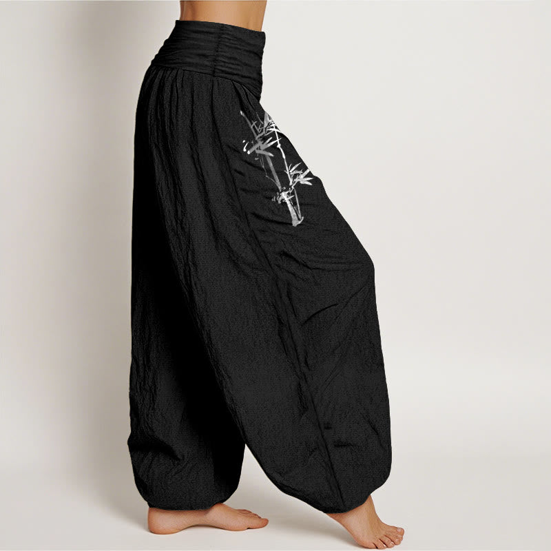 Pantalon Harem Femme en Coton Pur à Taille Élastique, Motif Soleil Rouge, Feuilles de Bambou et Pierres de Bouddha