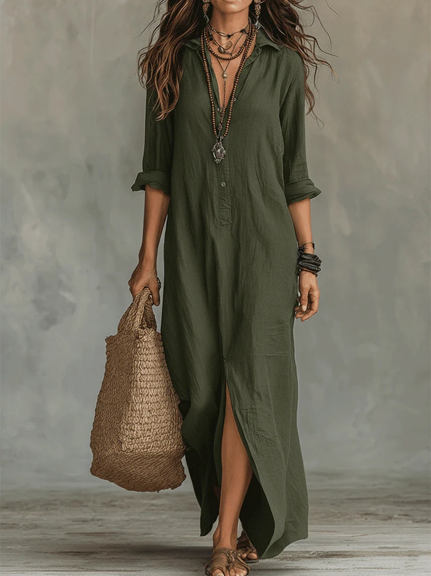 Robe Maxi Boutonnée à Col V Flottant Celine™