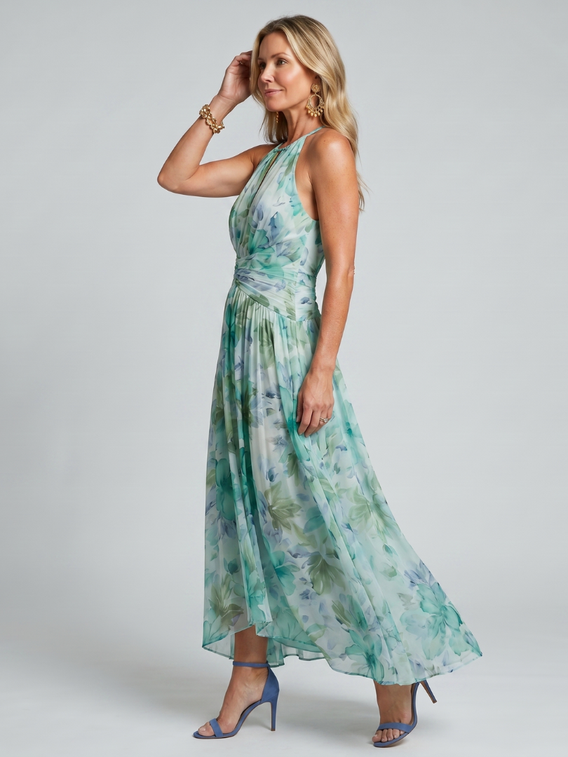 Robe Midi Portia en Crêpe Plissé avec Imprimé Floral et Col Halter