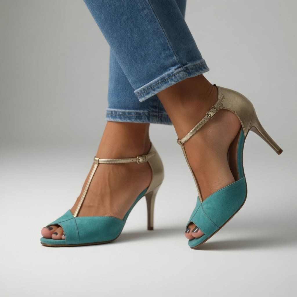 Roksana™ — Élégance vibrante en sandale à talon aiguille bicolore turquoise et doré