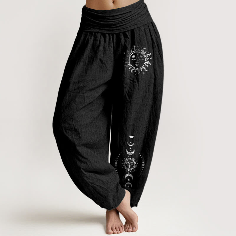 Pantalon Harem en Coton Pur pour Femme à Taille Élastique avec Motif Pierres Bouddha Soleil Lune Étoiles