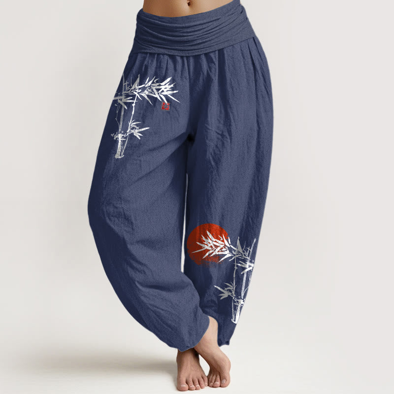 Pantalon Harem Femme en Coton Pur à Taille Élastique, Motif Soleil Rouge, Feuilles de Bambou et Pierres de Bouddha