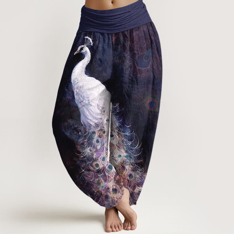 Pantalon sarouel femme taille élastique en coton pur Buddha Stones avec design magnifique de paon