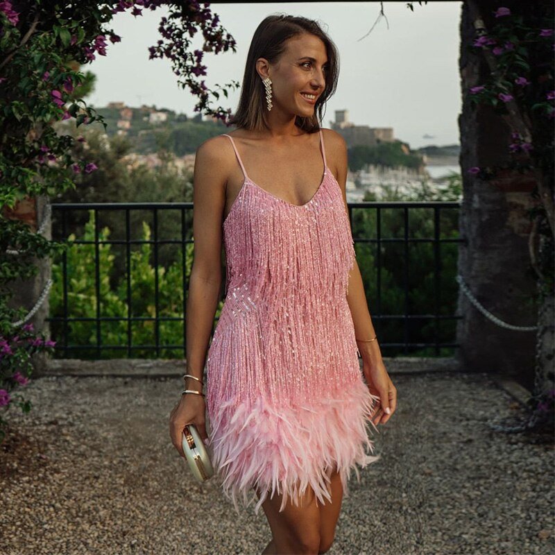The Elira — Feathered Sequin Cocktail Dress