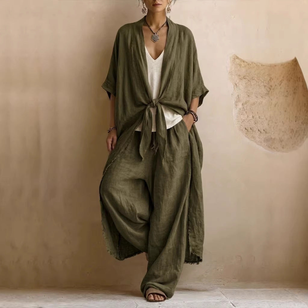 Ensemble deux pièces kimono en lin oversize et pantalon à jambes larges