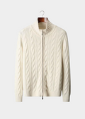 Cardigan en laine mérinos extra-fine pure avec design à double fermeture éclair et torsades