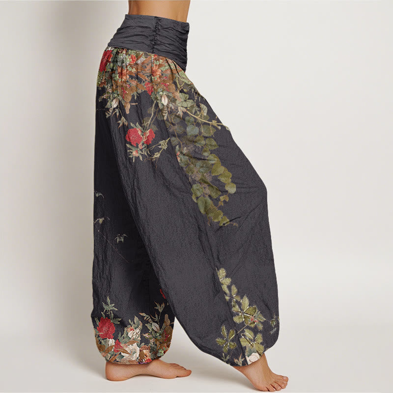 Pantalon Harem Décontracté en Coton pour Femme à Taille Élastique avec Motif de Vigne de Fleur de Pivoine Rouge Buddha Stones