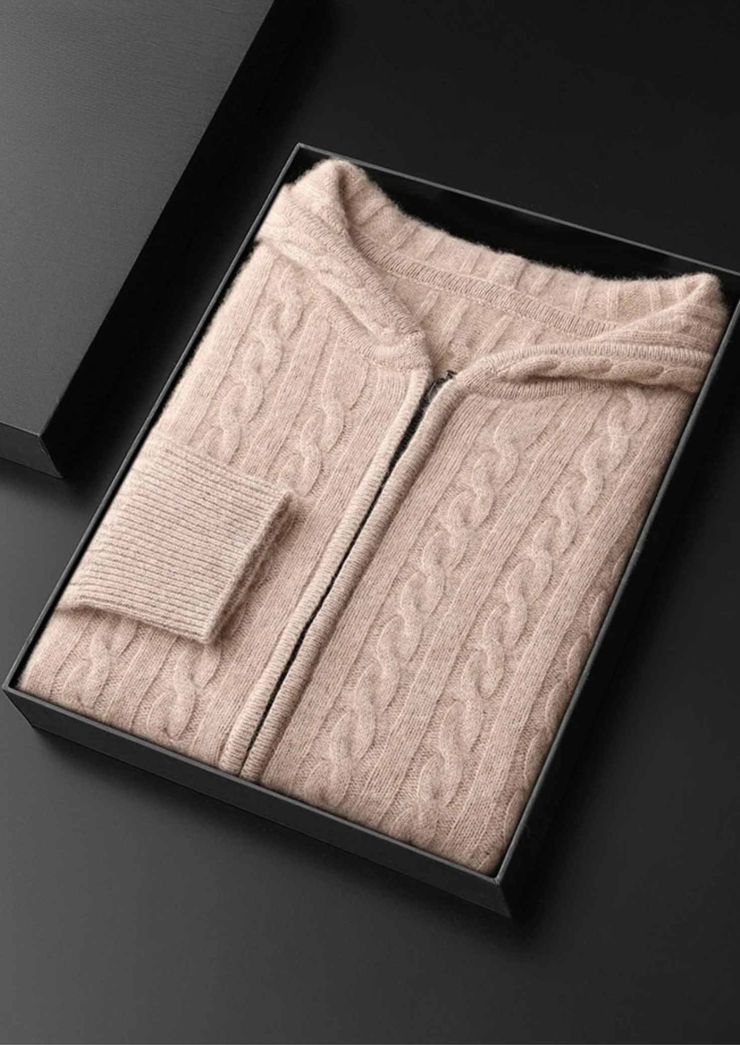 Sweat à capuche en cachemire premium à maille torsadée avec fermeture éclair
