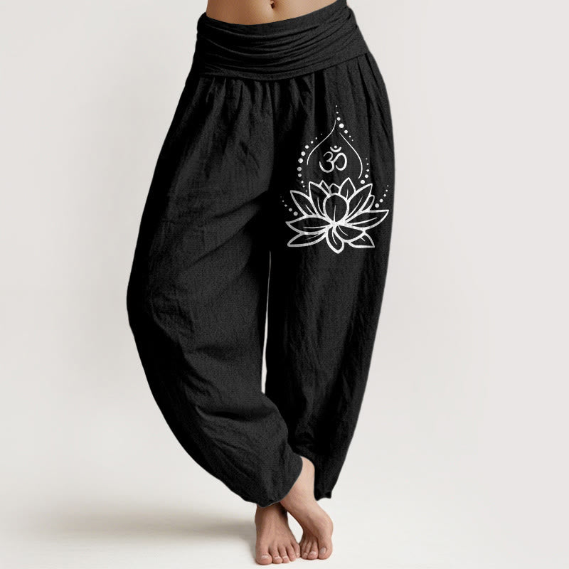 Pantalon bouffant en coton à taille élastique pour femmes Buddha Stones avec motif lotus en fleurs et symbole Om