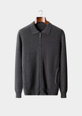 Pull-polo cardigan côtelé en laine mérinos extra-fine pure
