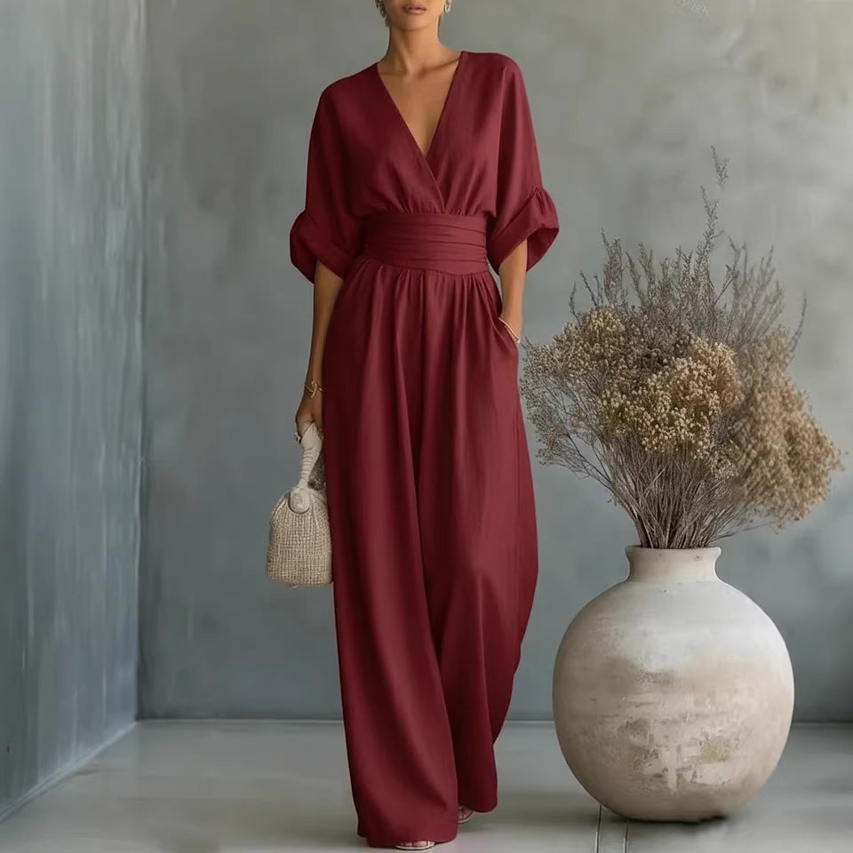 Robe élégante à col en V, manches fluides avec dos nu - Maison Claire et Sylvie