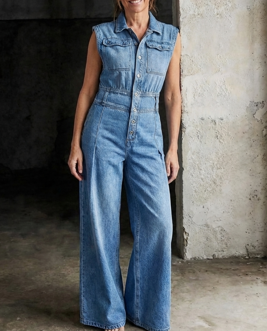Stella | Combinaison en jean avec jambes larges et taille cintrée