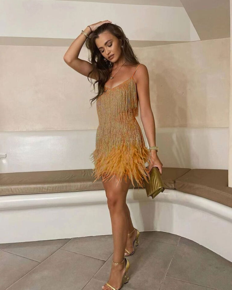 The Elira — Feathered Sequin Cocktail Dress