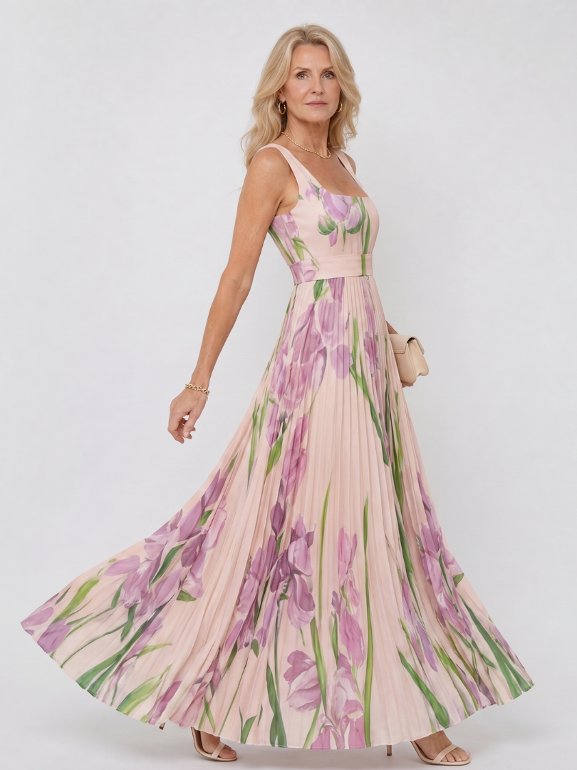 Robe midi sans manches en satin avec encolure carrée et plis élégants