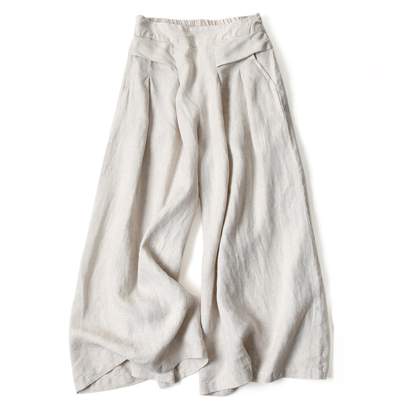 Pantalon large taille haute en coton et lin couleur unie Buddha Stones avec poches