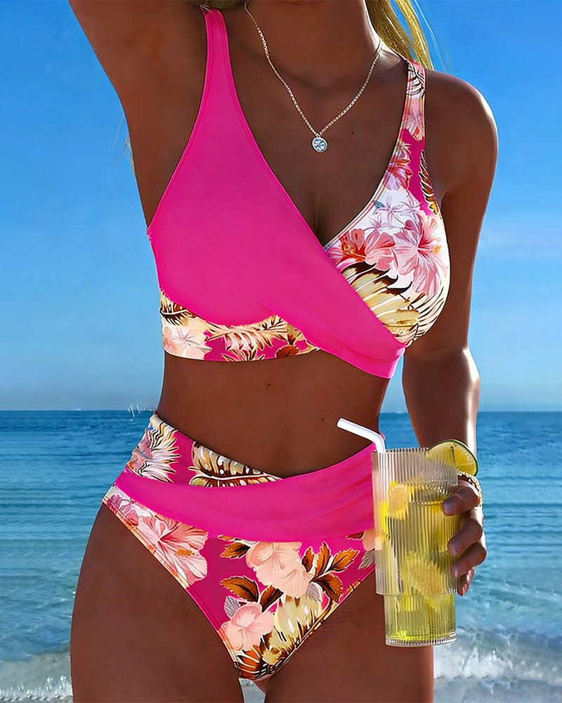 Bikini fendu à motif floral contrastant