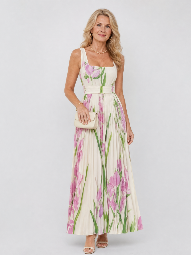 Robe midi sans manches en satin avec encolure carrée et plis élégants